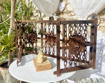 SOUFFLET DE FEU vintage français en cuivre repoussé & bois cuir décor