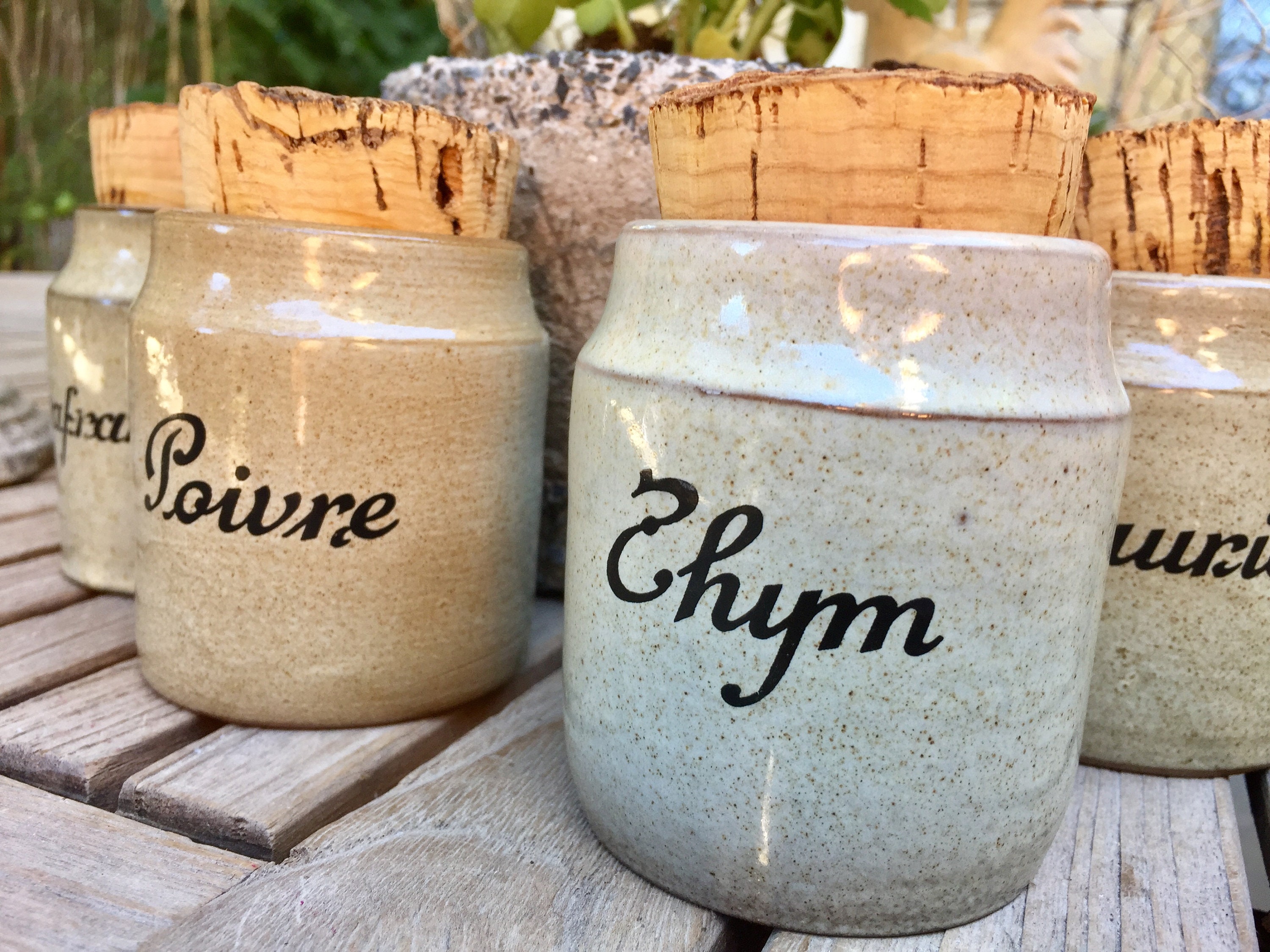 Vintage French Spice Jars with lovely corks, set of five, glazed