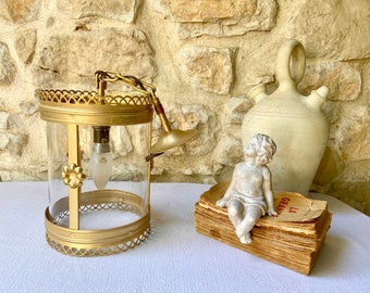 French brass lantern, vintage gold glass chrome hanging lamp, large 1 bulb antique ceiling light, antique hallway farmhouse bistro lighting