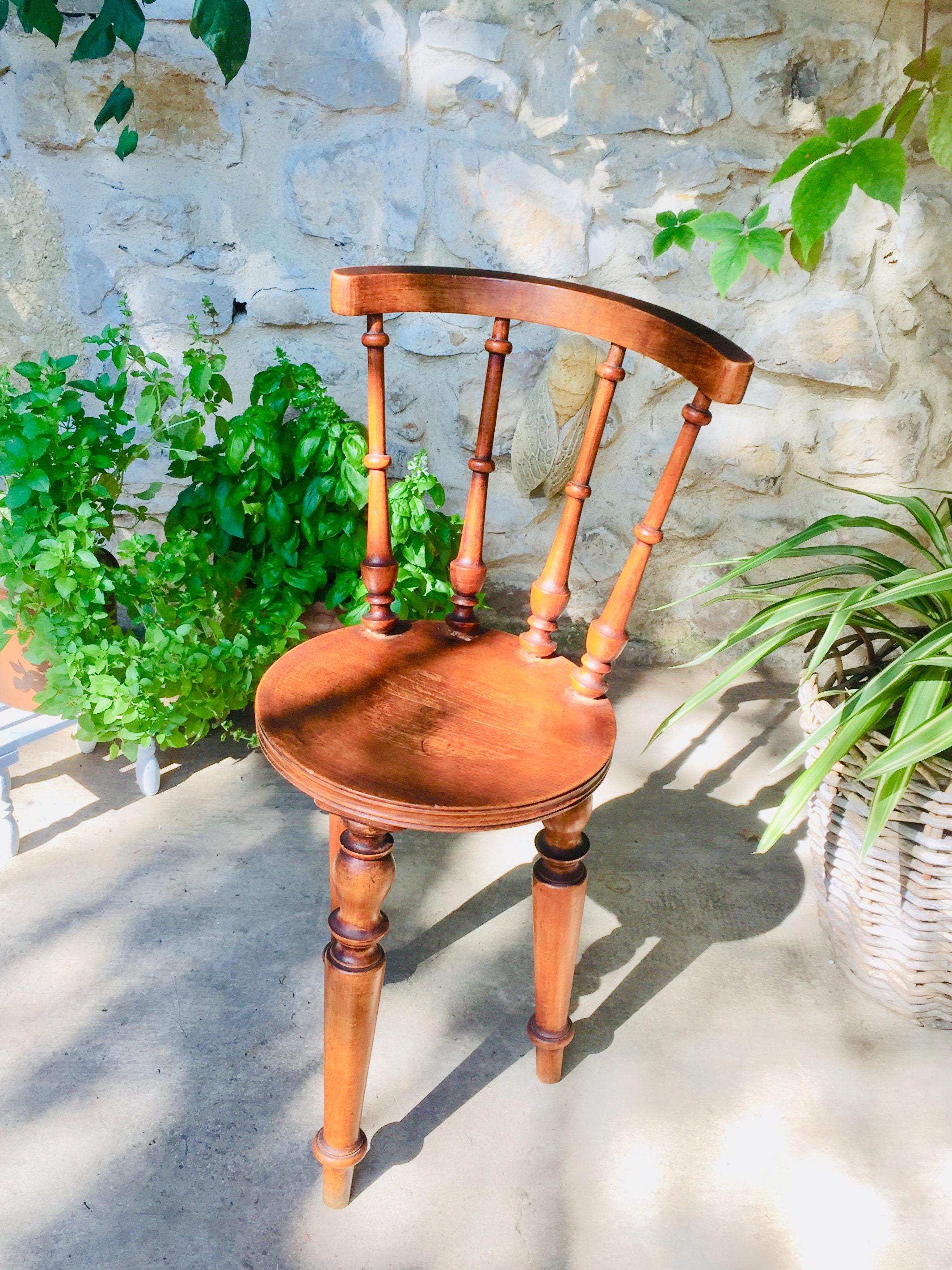 Antique French 3 legged stool, hand crafted vintage spindle back wood