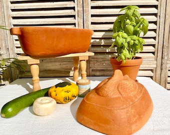 Olla de terracota vintage XL, cocotte de barro de gran tamaño, hermosa cazuela con tapa vintage, decoración de tapa de pato de panadero lento de arcilla