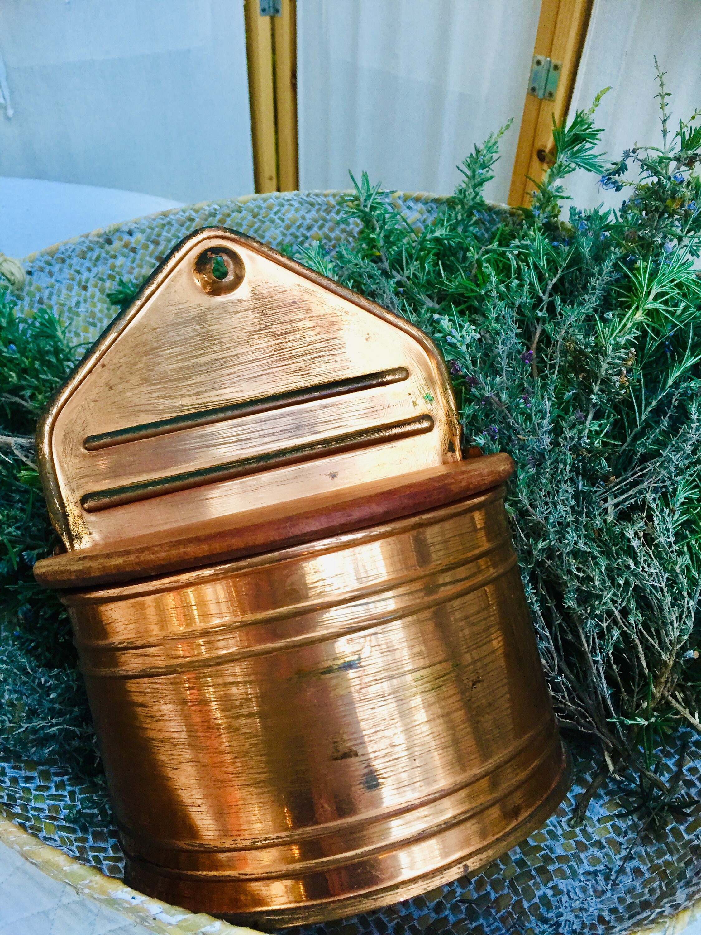 Copper salt box antique copper wall box with wooden lid, stand alone herb, spice, salt cellar