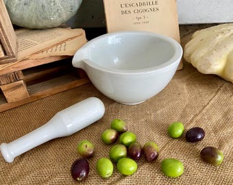 Vintage French Porcelain Mortar and Pestle: Pharmacy Grinder, G.D.V. Stamp