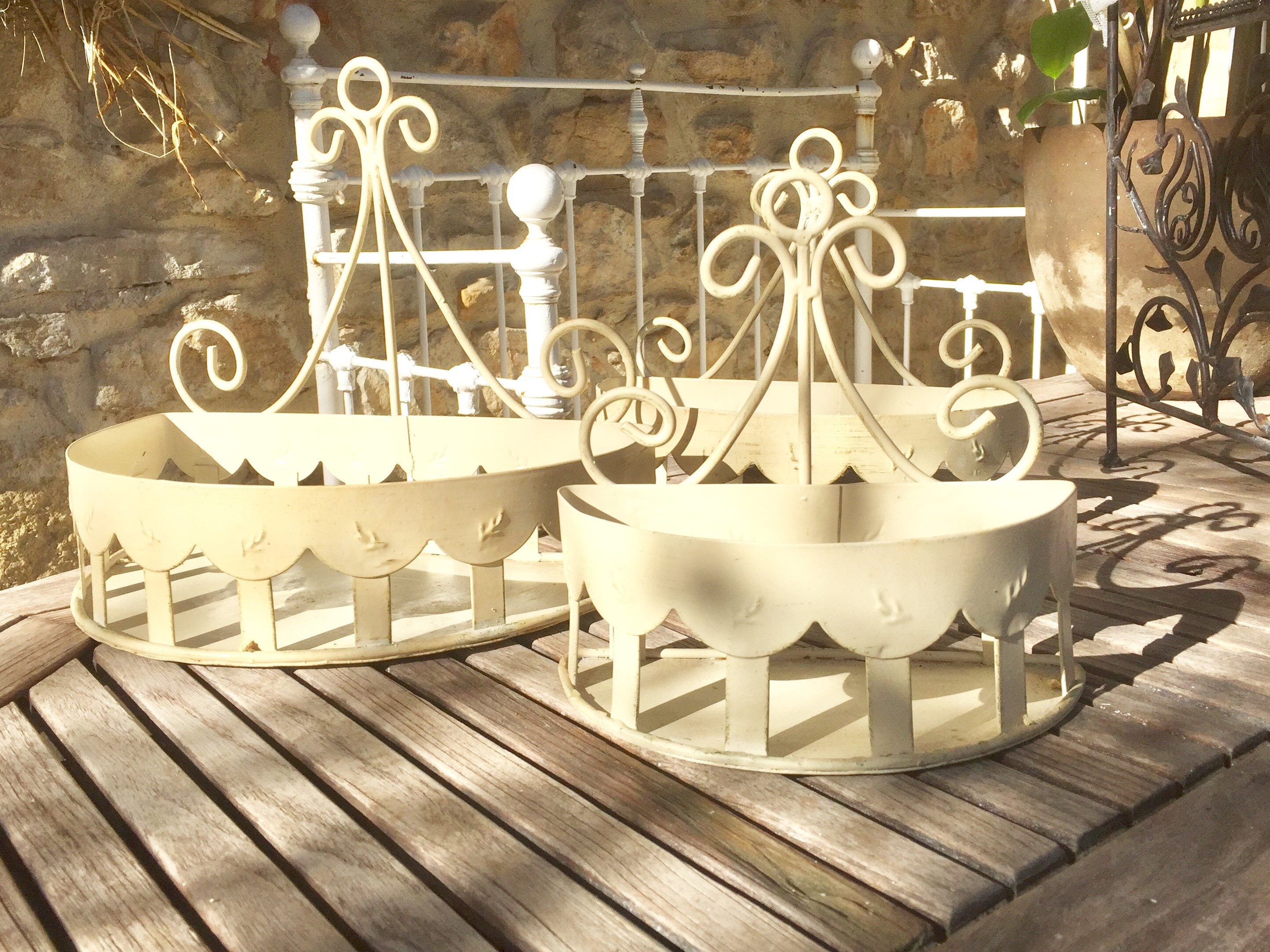 Shabby metal basket shelves set of 3 distressed French white vintage