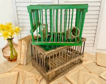 Price for TWO French 1940's handmade bird cages, faded wood and wire cages, vintage farmhouse birdhouses with old glass yogurt pots