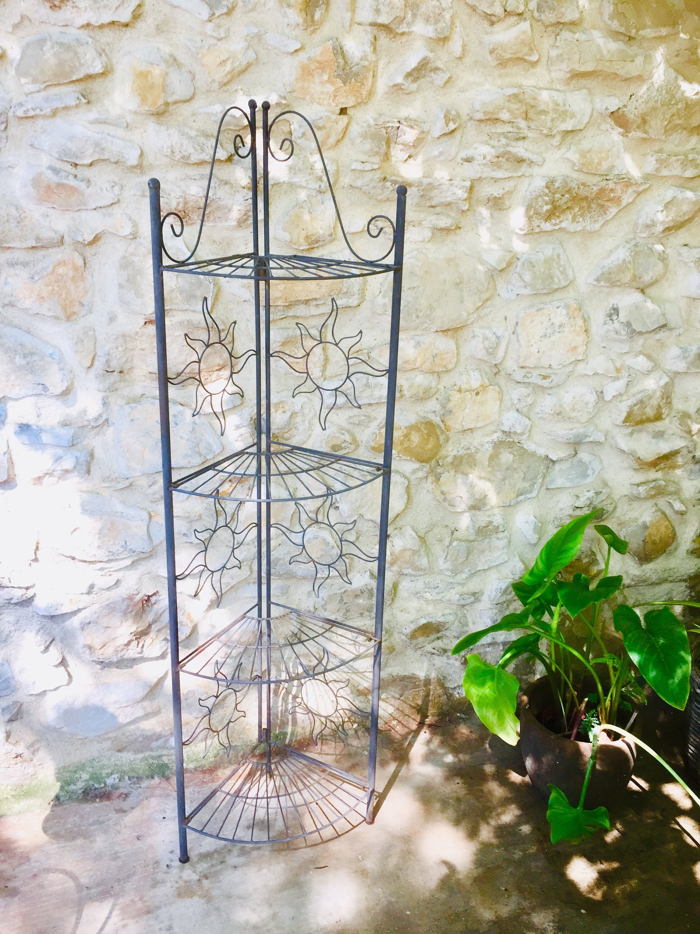 French wrought iron folding shelf, tall 4 tier shabby vintage metal