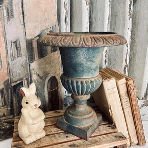 Vintage Cast Iron Medici Vase: Rustic French Garden Urn