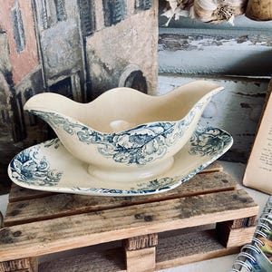 Antique French Ironstone Gravy Boat: R&A Salins Czarine Blue Transferware