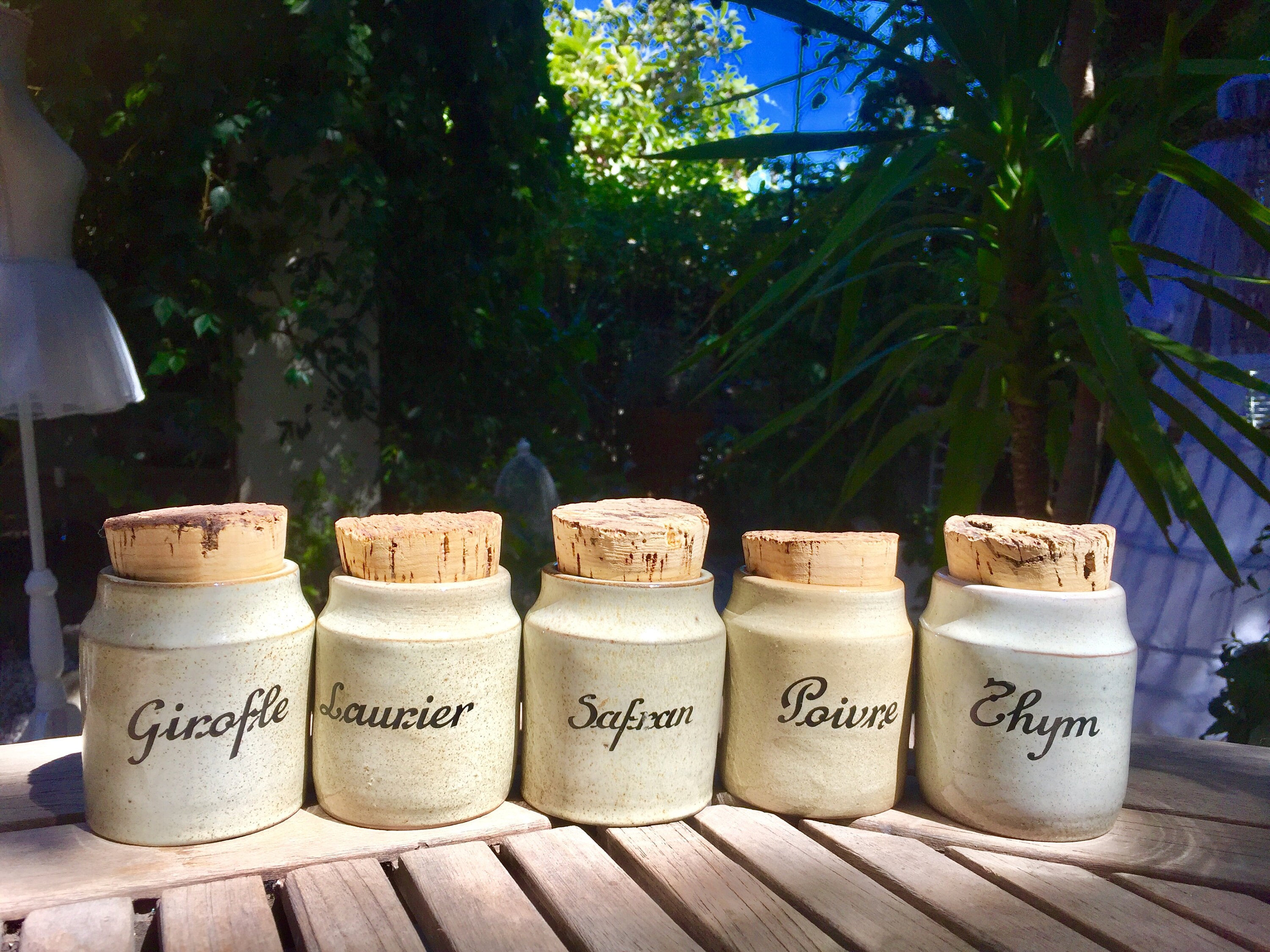 Vintage French Spice Jars with lovely corks, set of five, glazed