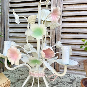 Vintage French floral toleware chandelier, lovely pink and green romantic shabby-chic cottage style tole metal light, 3 stem ceiling light