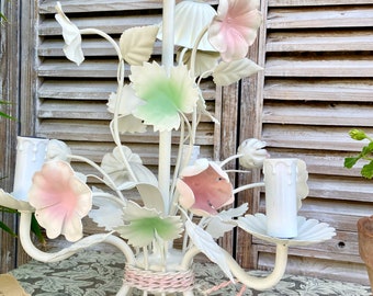 Vintage French Toleware Chandelier: Pink Floral Cottagecore Light