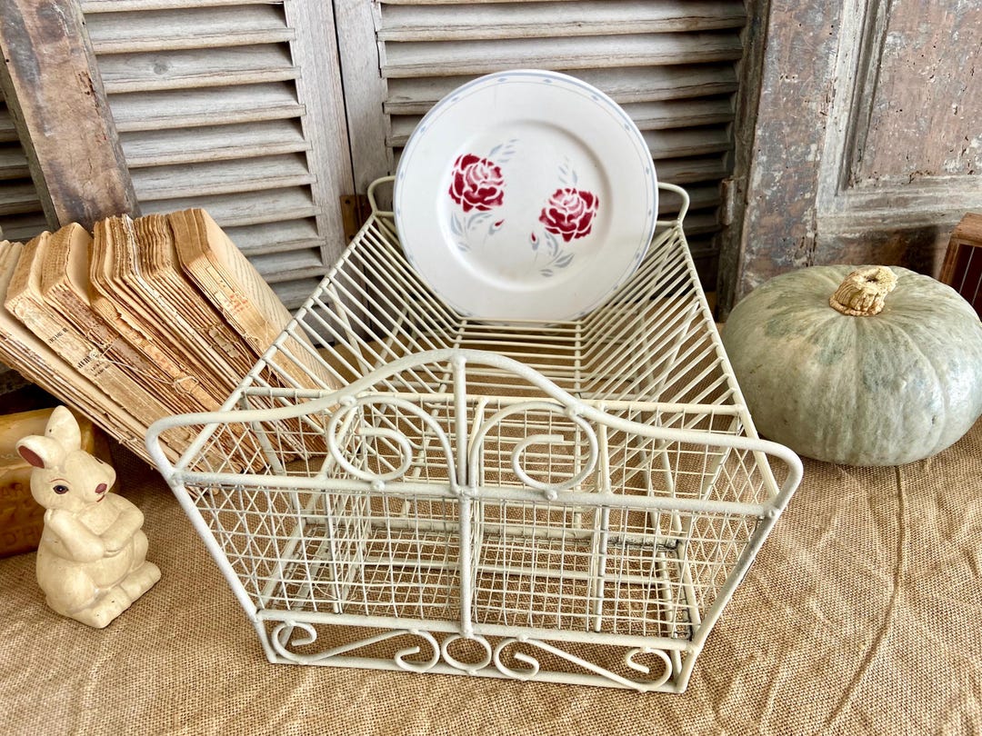 French Dish Rack and Cutlery Drying Rack, Vintage Ivory White Wire Iron ...