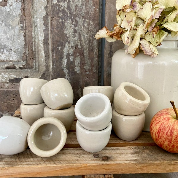 Antique French escargot pots, SET of 6 vintage WHITE glazed stoneware snail cups from Provence, ironstone snail cups farmhouse kitchen décor