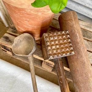Set of 3 items, 1 antique olive scoop, 1 vintage meat tenderizer, 1 lovely old rolling pin, authentic rustic French farmhouse kitchenalia