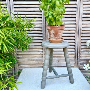 Vintage French milking stool, 3 legged plant pot stand, rustic bedside nightstand, vintage tripod stool, faded grey beige driftwood colour