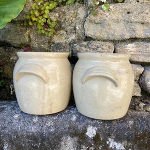 May include: Two beige ceramic pots with curved handles. The pots have a rounded shape and are set against a stone wall with greenery. The pots are similar in size and design, suggesting they are a set. The neutral color and rustic texture give them a vintage feel.