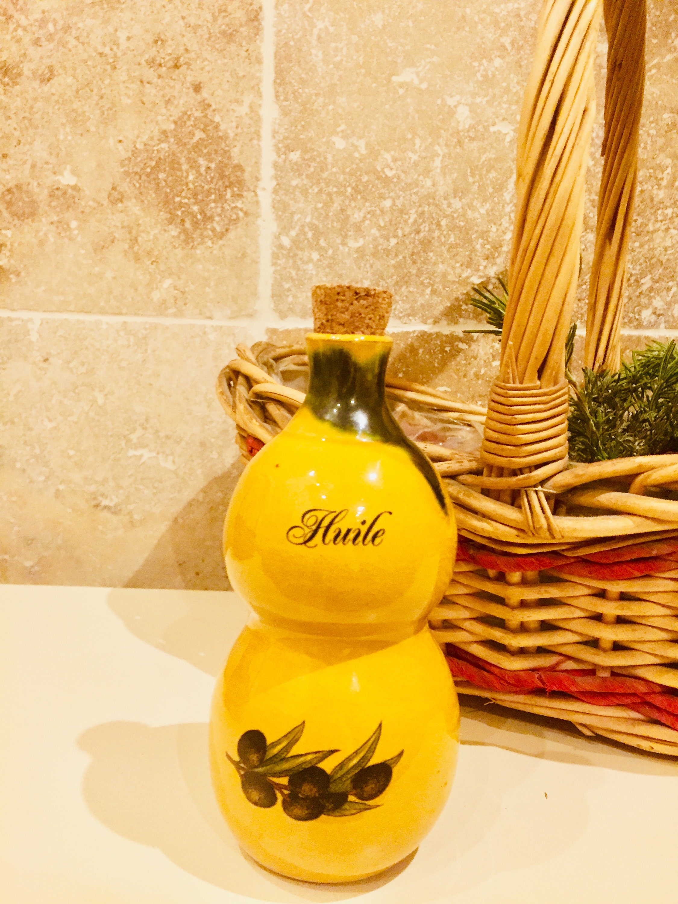Olive oil dispenser, French vintage glazed ceramic oil cruet with cork