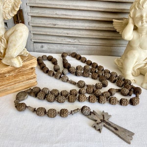 Vintage XL rosary beads with Jesus on a cross, gorgeous early antique carved wood rosary, beautiful patina, lovely French religious icon