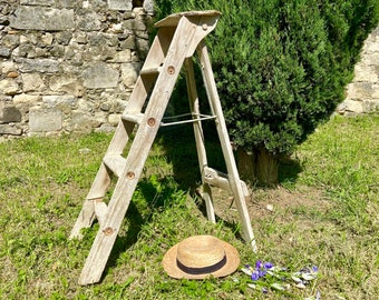 Antique French step ladder, old rustic handcrafted plant ladder or library book stairs, one of a kind shabby chic artisan made stepladder