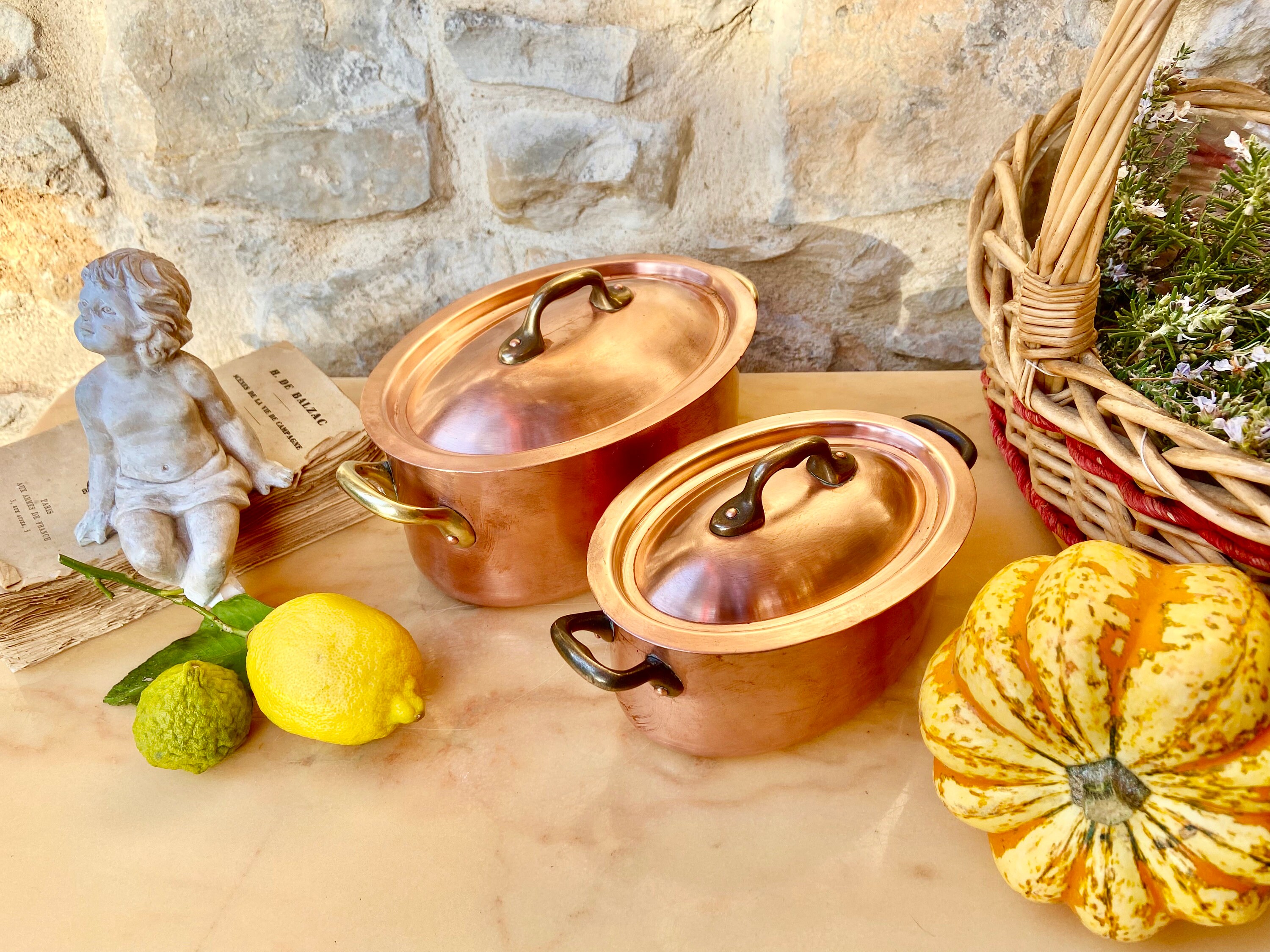 Antique French copper casserole pans with lids, professional bistro cookware, 2 available, tin