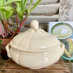 Antique French Ironstone Soup Tureen: Acanthus Leaf Pear Lid, Digoin Sarreguemines