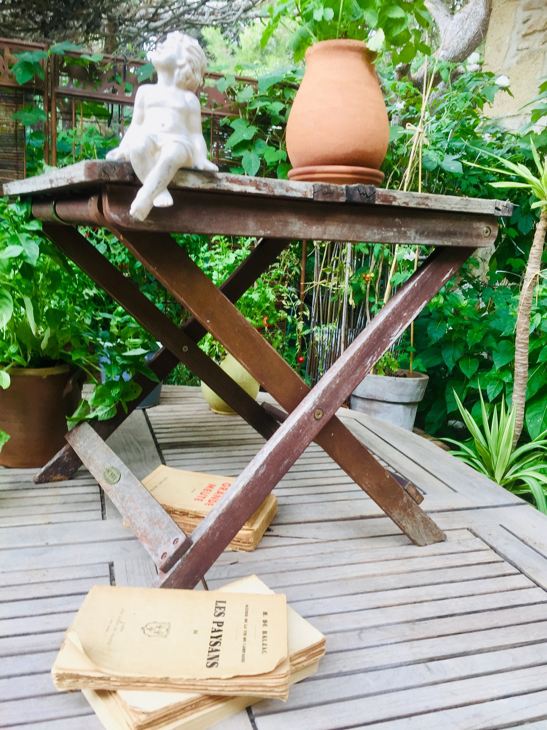 Small French wood slat plant stand, vintage patio side