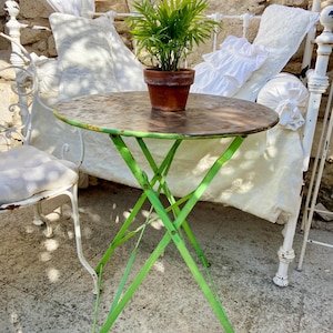 Vintage French patio table, round top rustic distressed grey and green garden table with folding legs, garden table with a beautiful patina