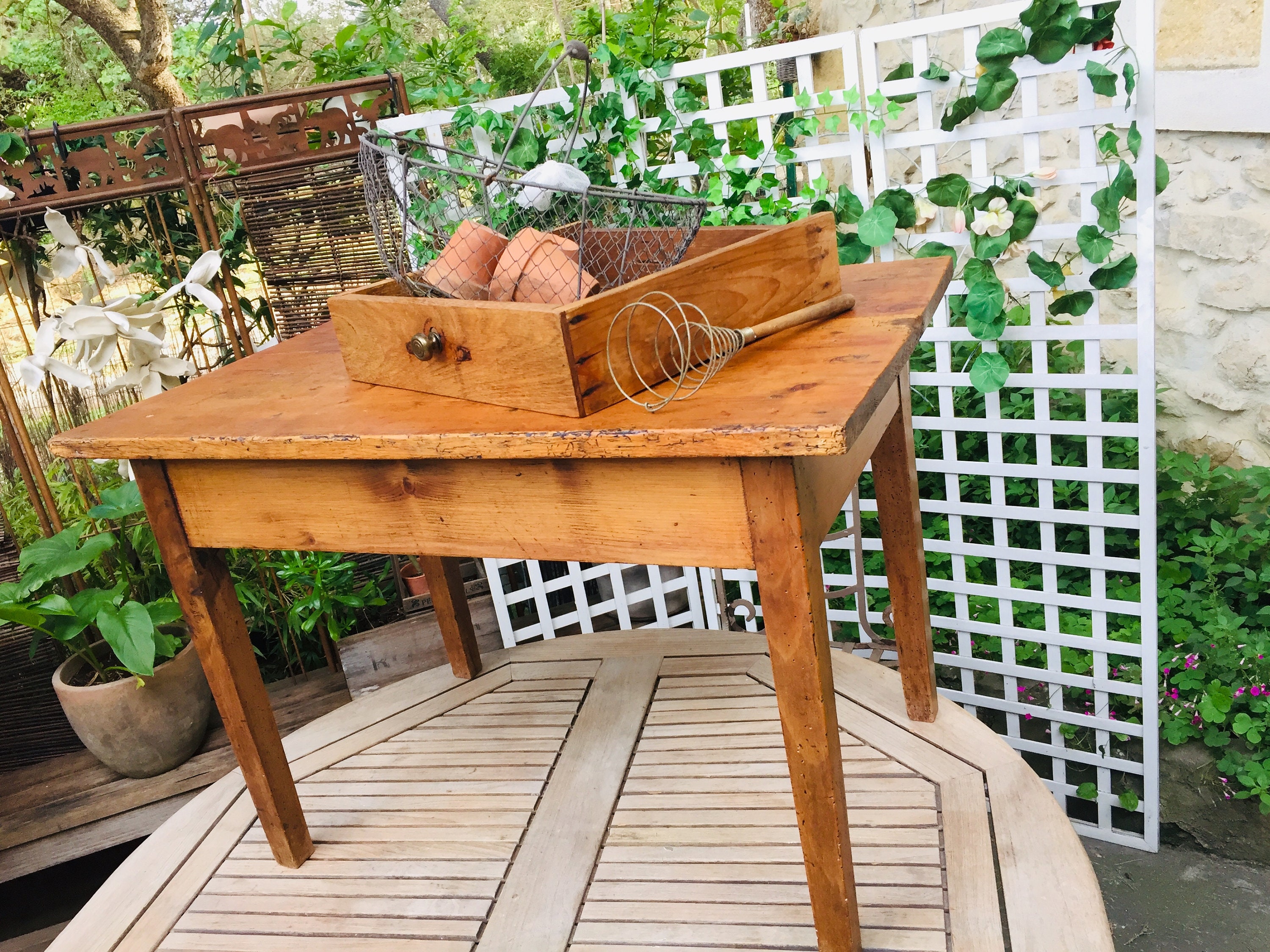 Antique farmhouse table, French handcrafted rustic wooden desk and