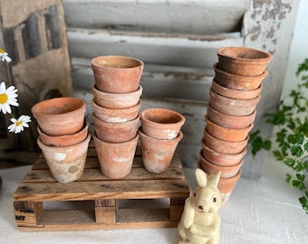 Juego francés vintage de 10 macetas para plántulas, macetas de terracota bellamente desgastadas, teñidas de piedra caliza natural, antiguas jardineras de arcilla para semillas.