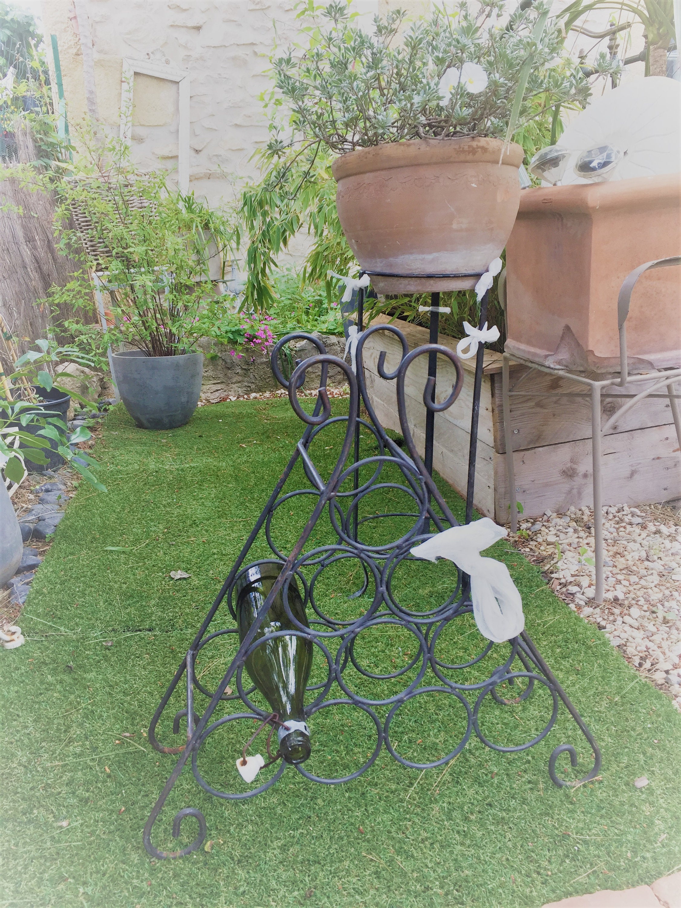 Vintage wine wrought iron bottle rack, French cast metal 10 bottle riddling rack, authentic