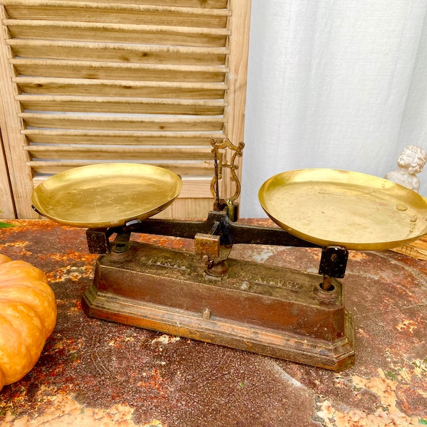 Antique French Cast Iron Kitchen Scales: Vintage Brass Pans, Farmhouse Decor