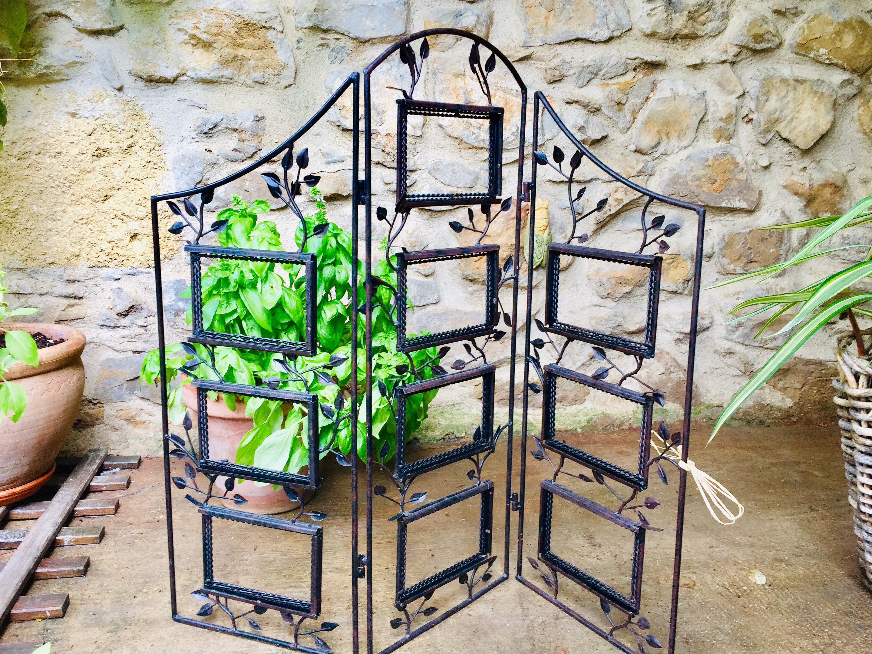 Antique French room divider screen, old black wrought iron paravent, folding 3 panel privacy