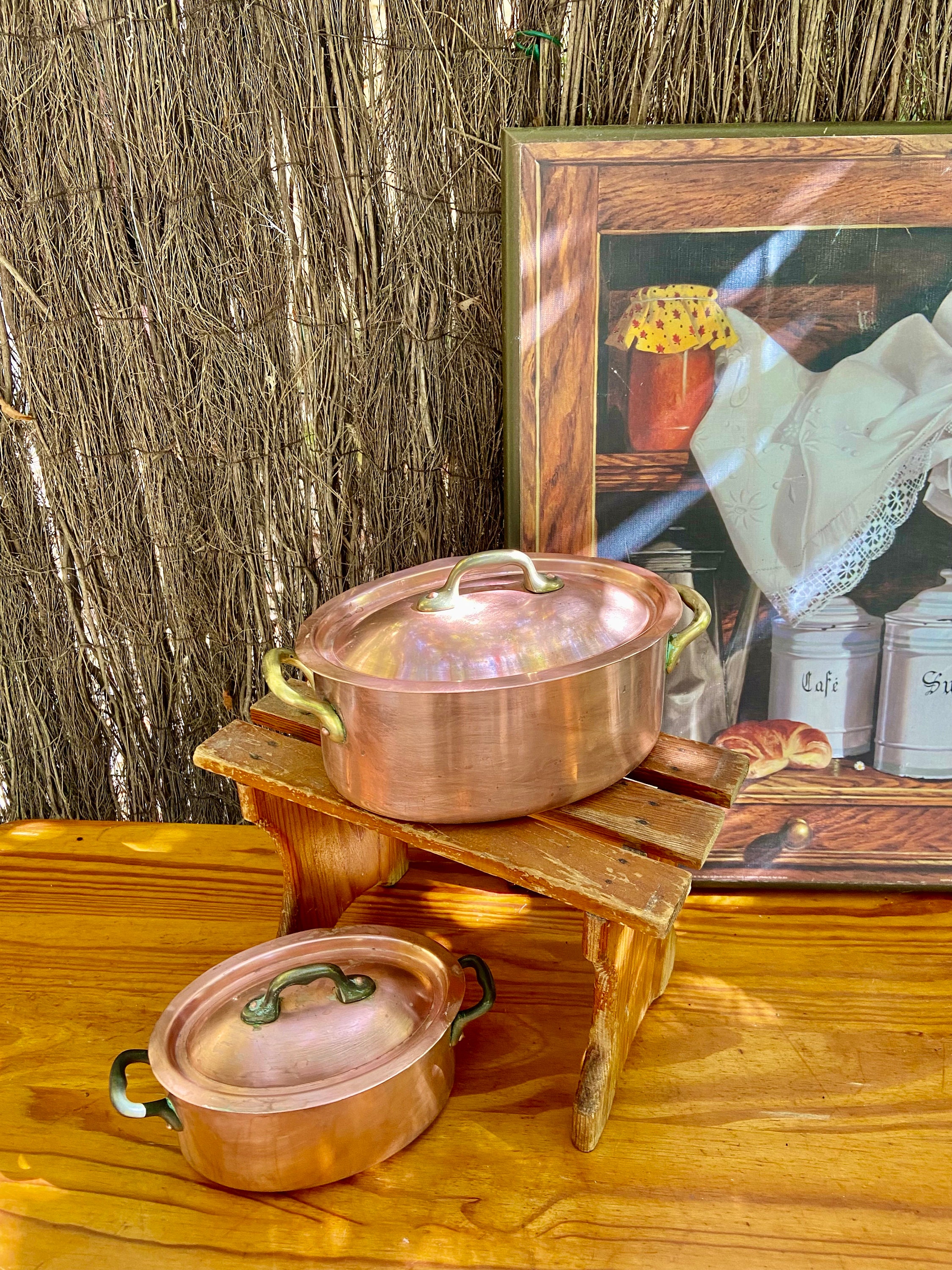 Antique French copper casserole pans with lids, professional bistro cookware, 2 available, tin