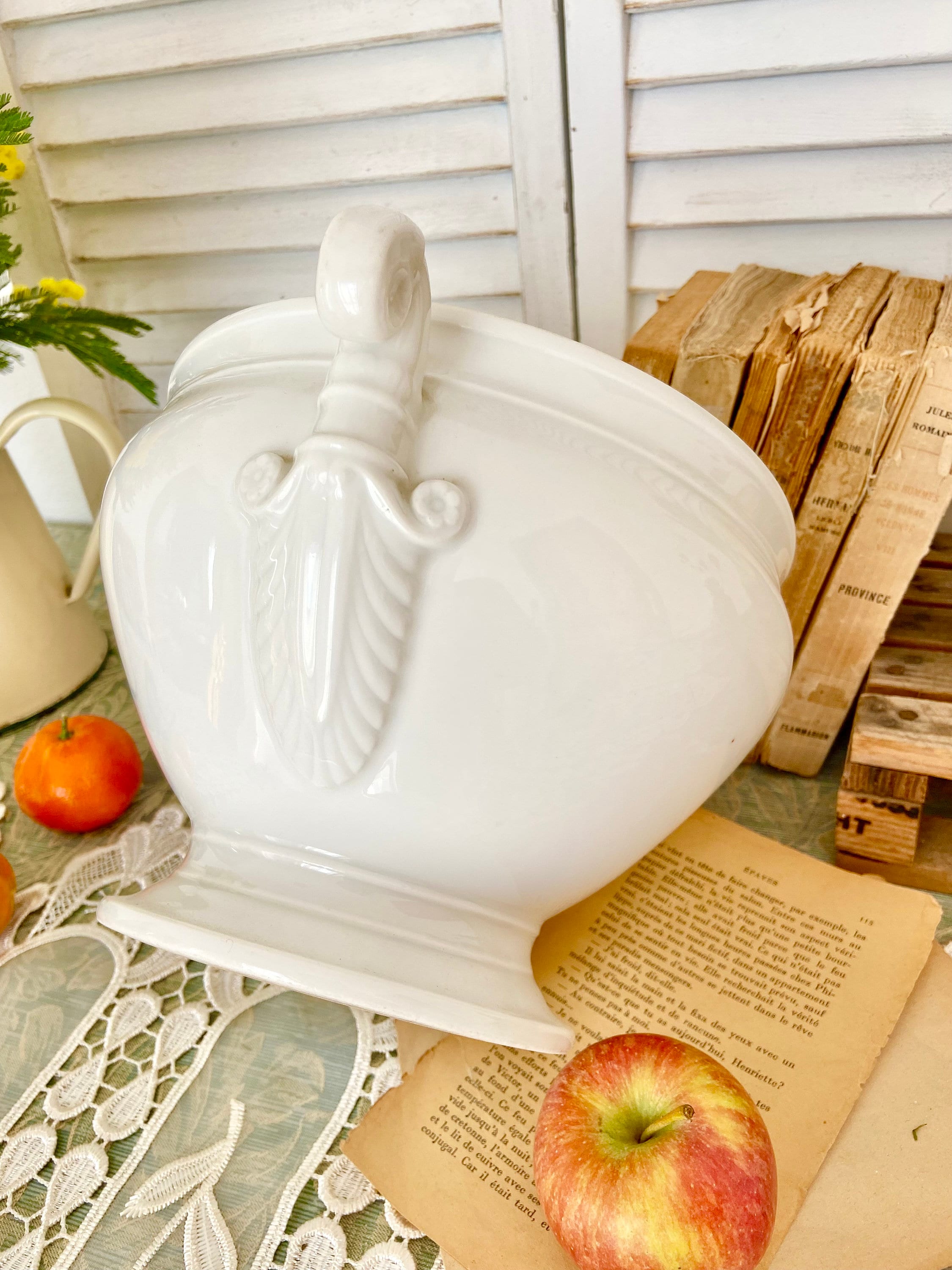 ヴィンテージフランス製スープテリーン ヴィンテージフランス白磁スープチュリーン: エレガントな足付きスープ