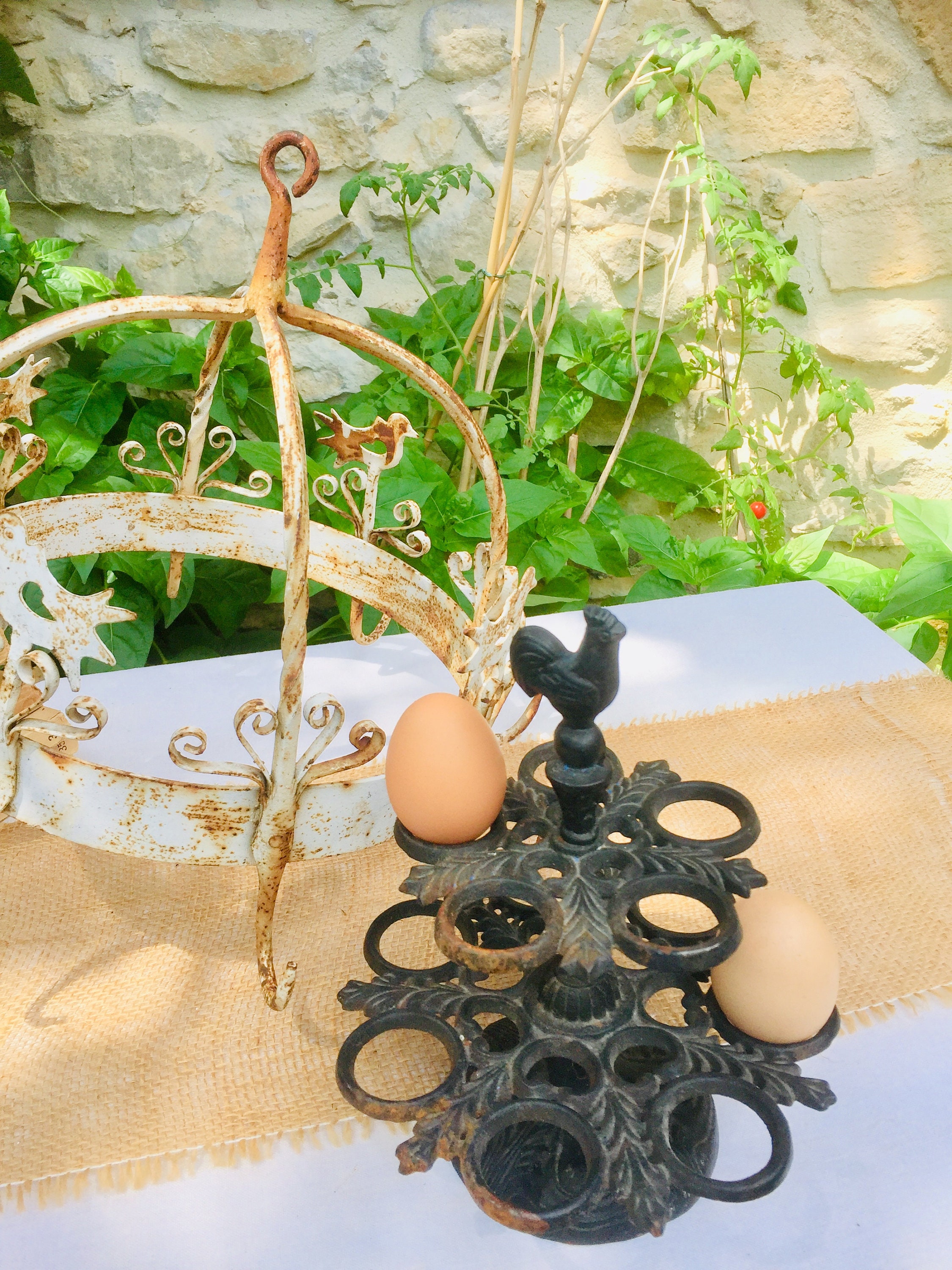 French vintage egg rack, cast metal hen decorated egg display stand