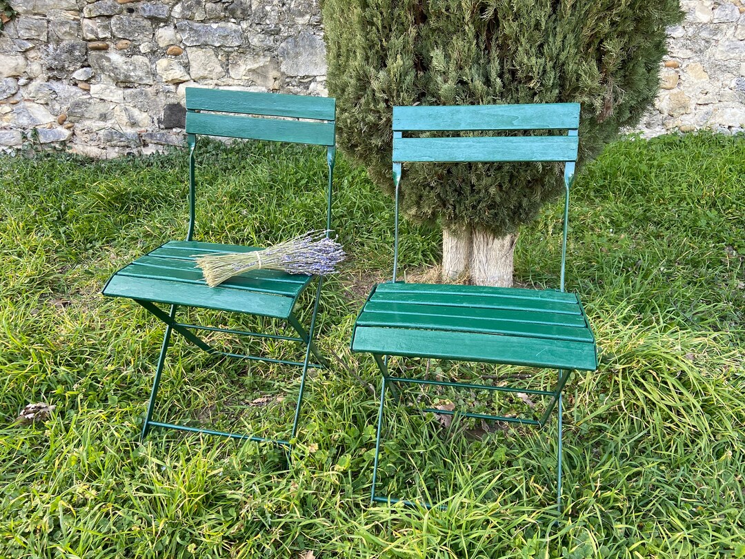 SET of 2 French Vintage Bistro Chairs Green Wood Slat Folding Etsy