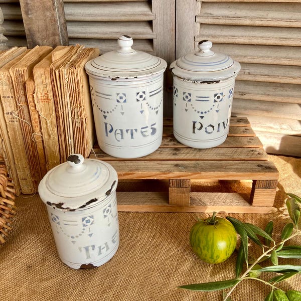 RESERVED French kitchen canister set, set of 3 Art Deco grey and white enamelware kitchen storage jars, perfect 1930's country cottage home