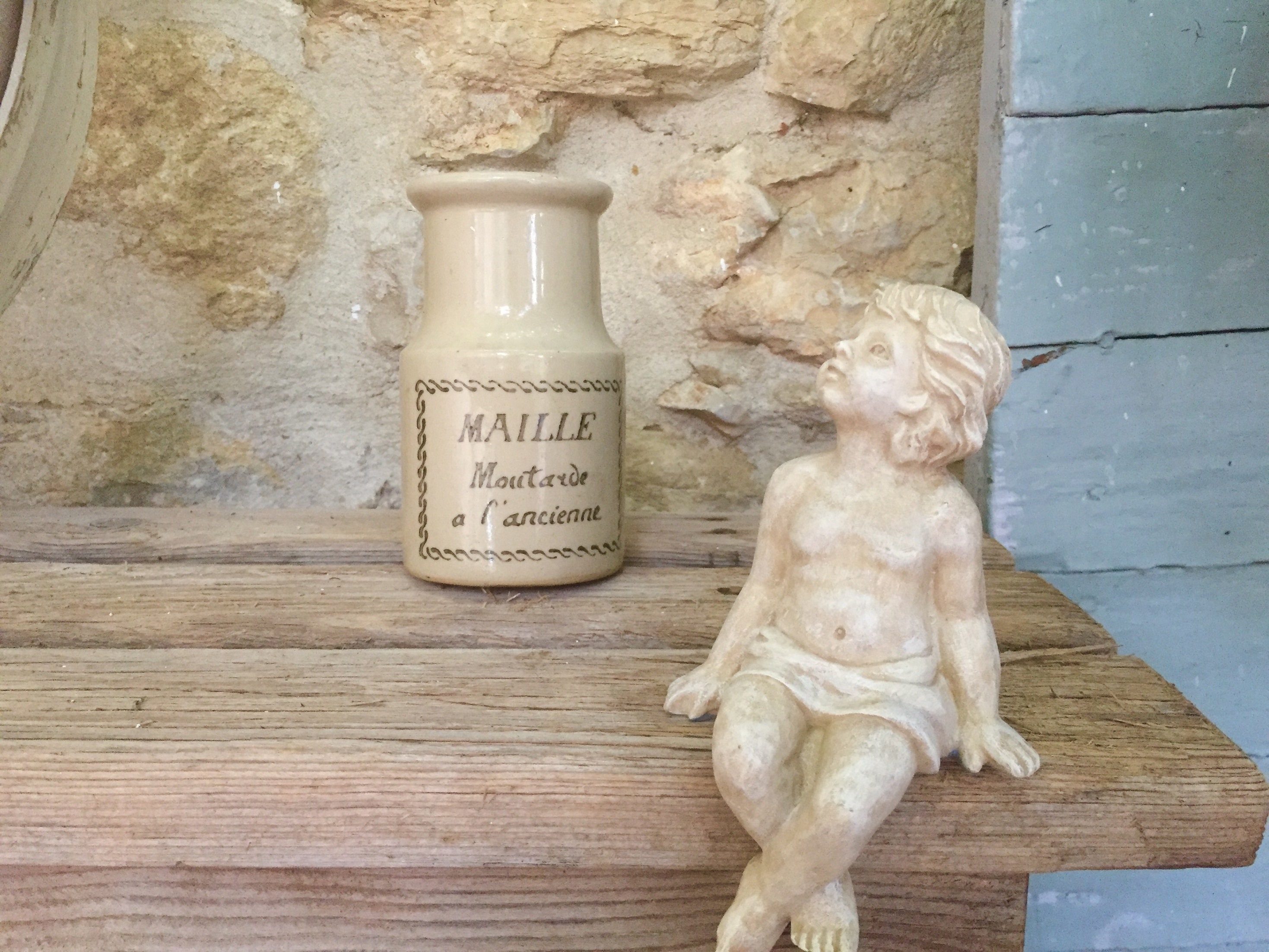 Pot de Moutarde Vintage Français Maille, Décor Cuisine Rustique en Grès Dur