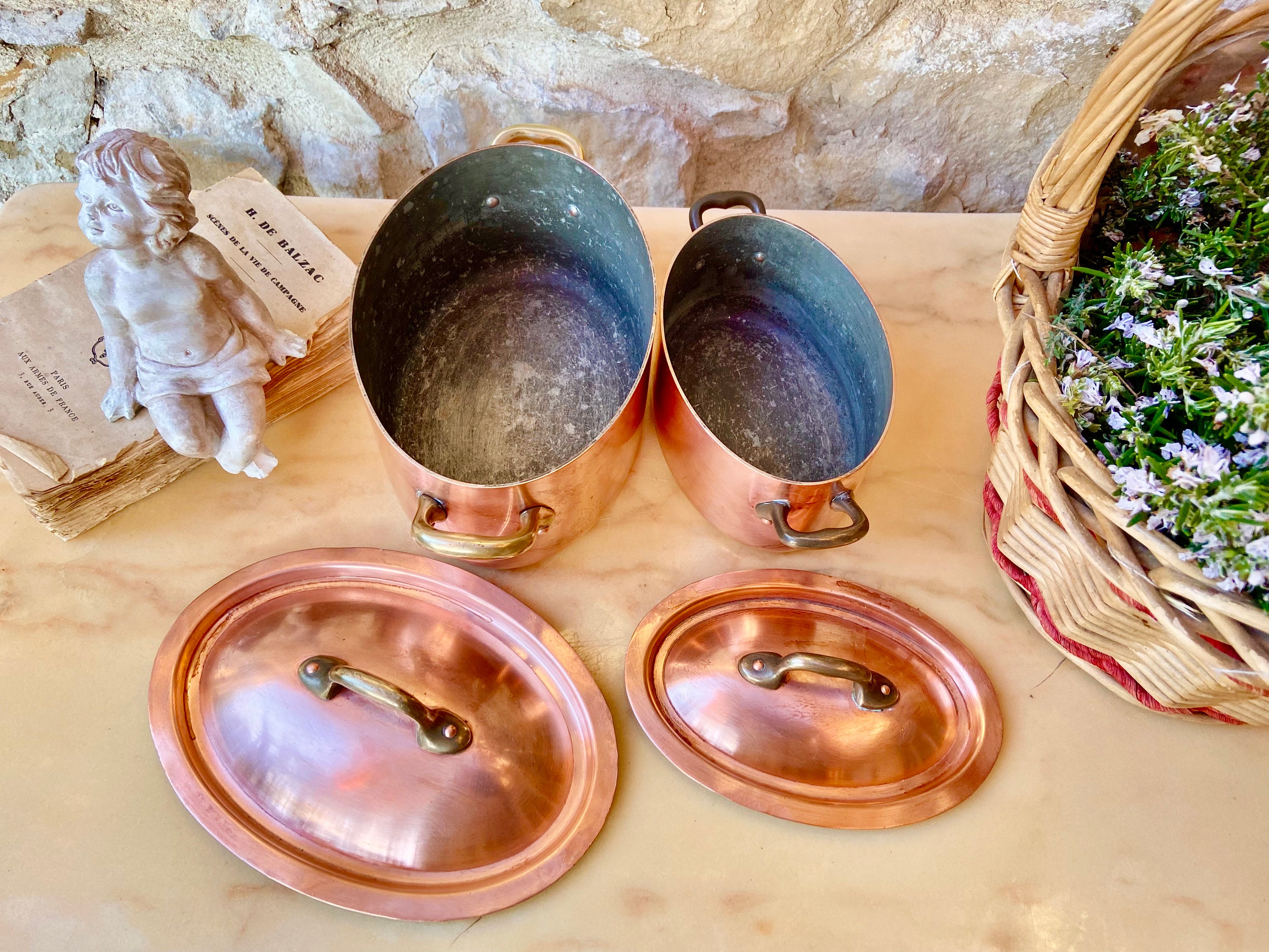 Antique French copper casserole pans with lids, professional bistro cookware, 2 available, tin