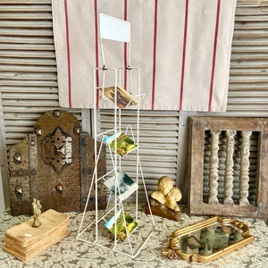 French white vintage toleware shop advertising display stand, countertop retail shop stand, would make a great farmhouse kitchen spice rack
