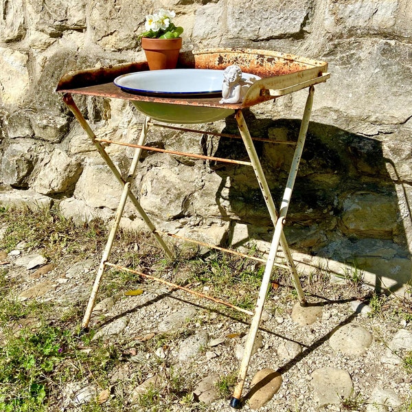 Antique French lavabo, rustic folding toleware washstand with an enamelware basin, farmhouse sink, vintage bathroom vanity or bird bath