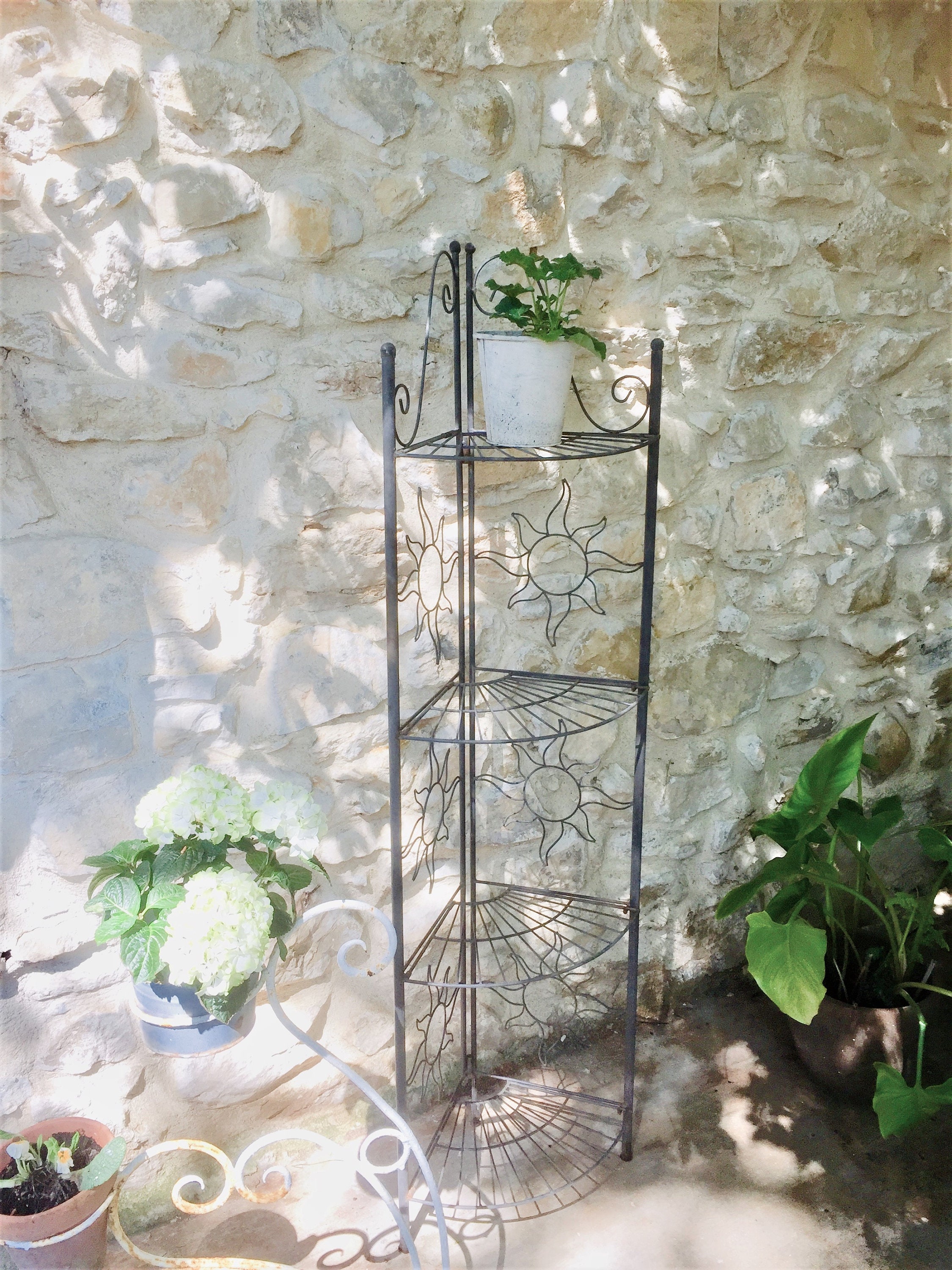 French wrought iron folding shelf, tall 4 tier shabby vintage metal