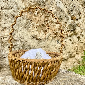 French rye coil gathering basket, handmade from cane and hay twine, bentwood handle, rustic vintage picking basket, farmhouse panier.