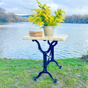 Antique French bistro table, black vintage cast iron café table with faux marble top, authentic heavy iron Art Deco style patio table