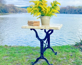 Antique French bistro table, black vintage cast iron café table with faux marble top, authentic heavy iron Art Deco style patio table