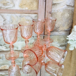 Pink swirl Rosaline shot glasses, vintage French pink &#39;Arcoroc&#39; liqueur glasses, set of 6, depression glass, romantic Wedding tableware