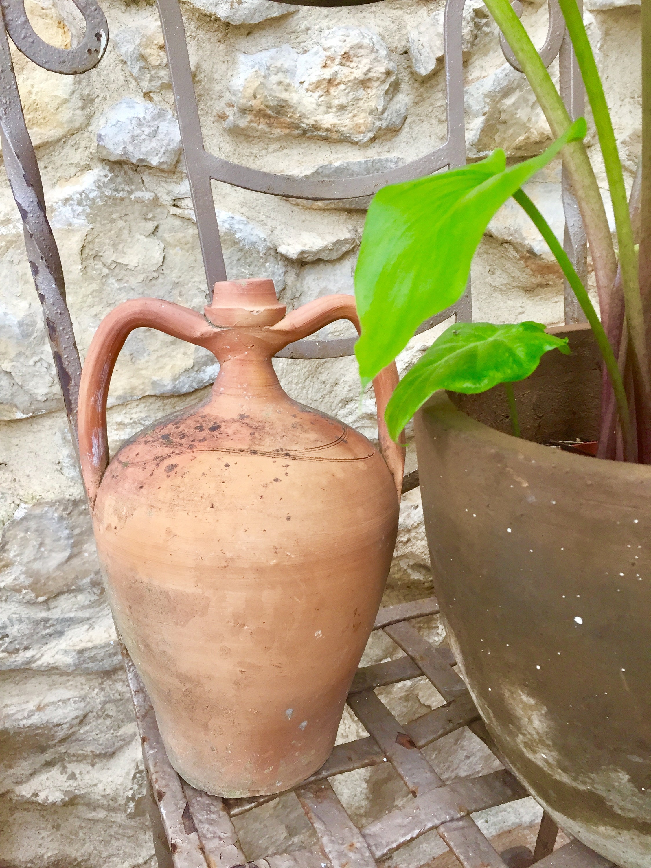 Antique terracotta pitcher, tall French handmade 2 handle pottery water