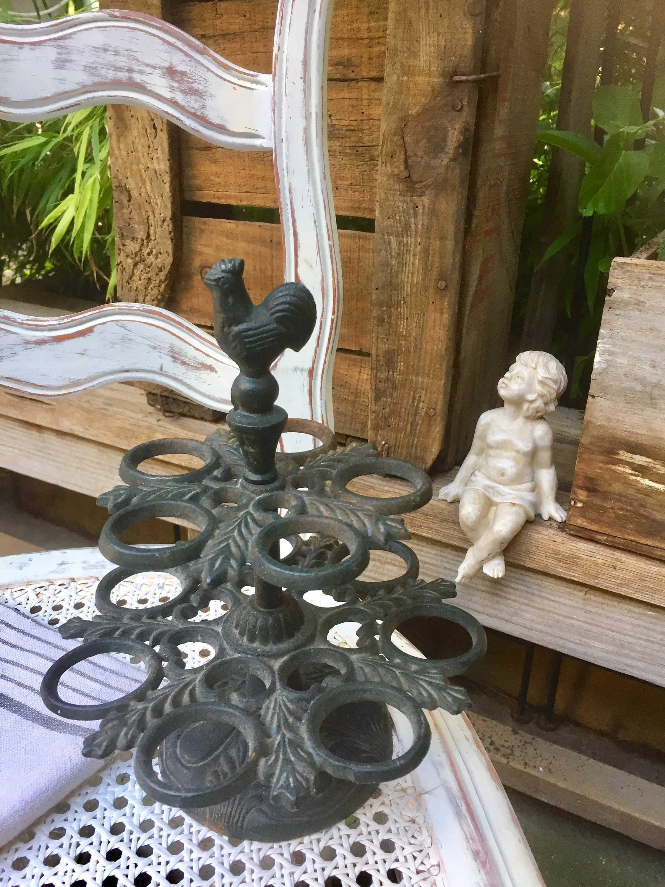 French vintage egg rack, cast metal hen decorated egg display stand