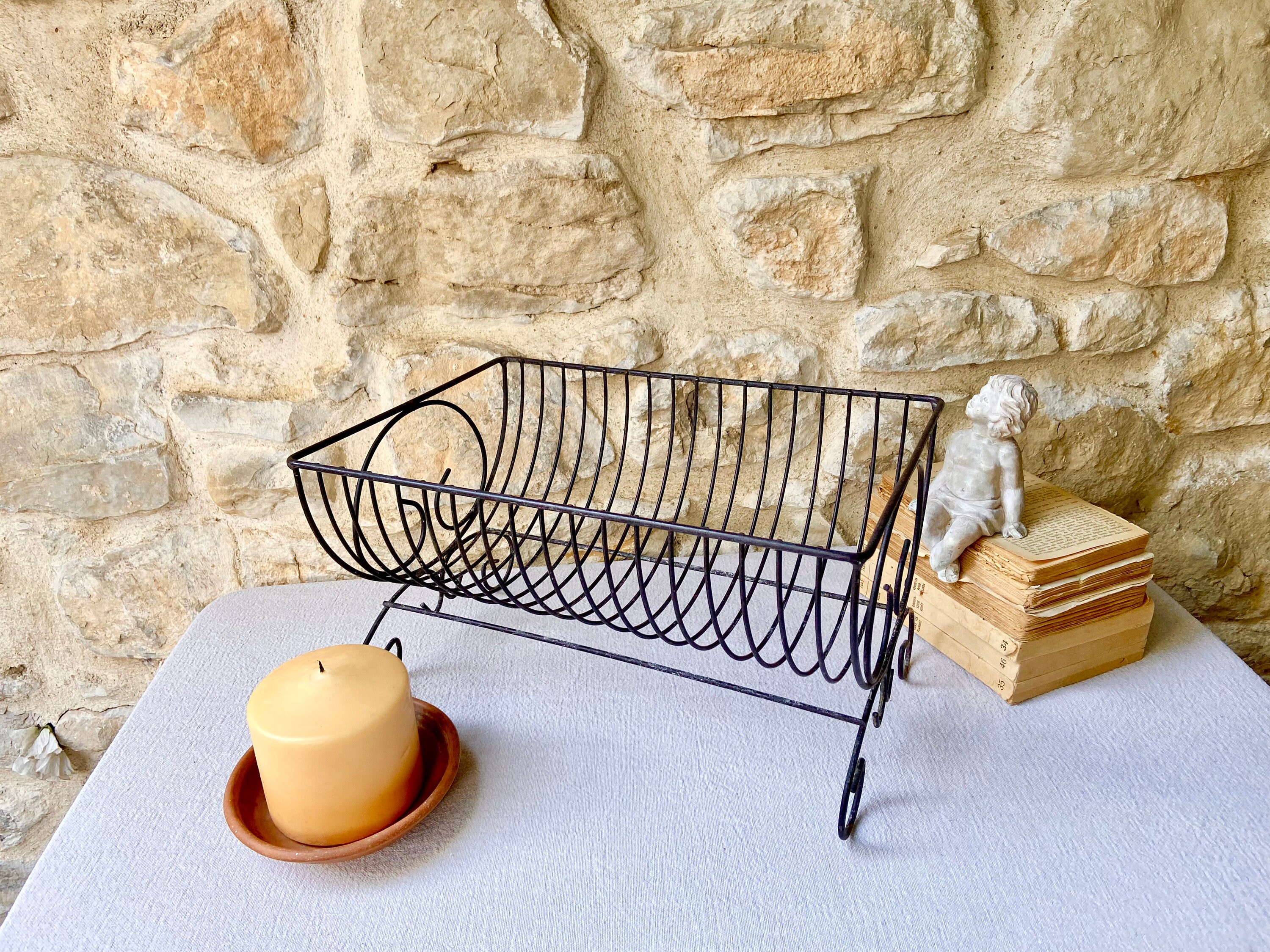 French dish rack, rustic metal wire draining board plate rack, old iron