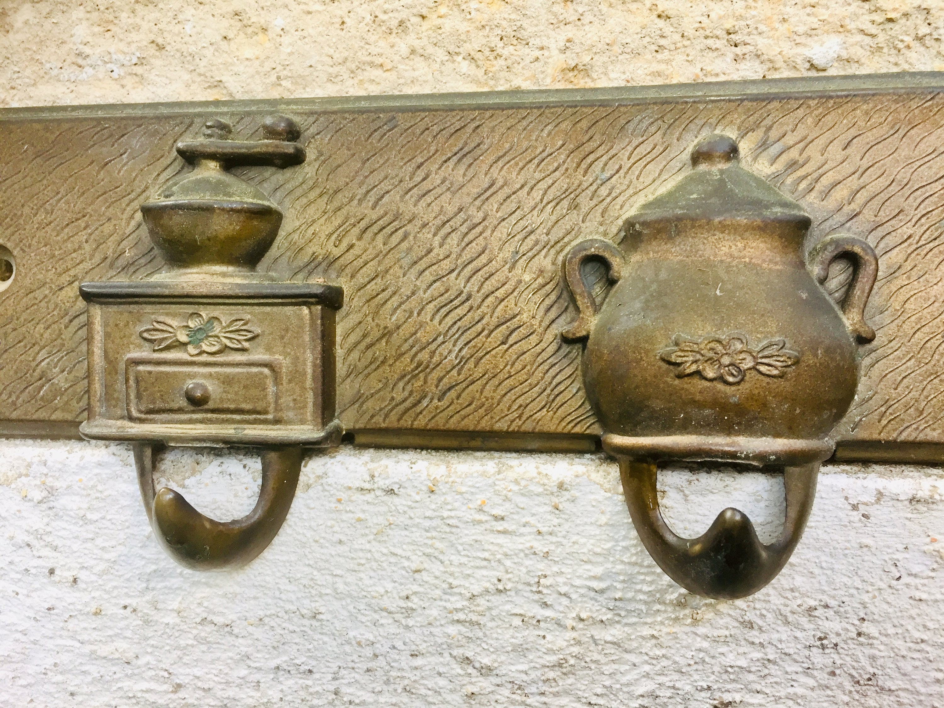 Brass kitchen towel rack, vintage farmhouse decor with hook rack coffee